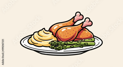 A stylized drawing of a plate with two roasted chicken legs, a dollop of mashed potatoes, and asparagus