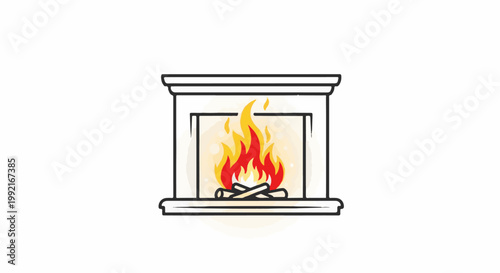 A stylized drawing of a fireplace with a warm, flickering fire burning