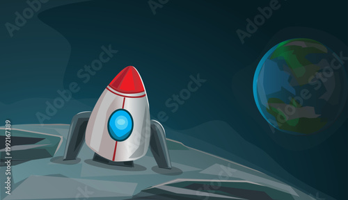 spaceship on the moon,on distance seen the earth 