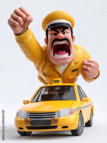Angry taxi driver shouting while emerging from car