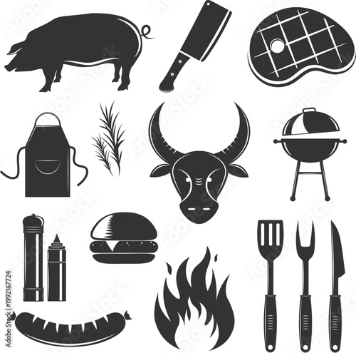 Professional butcher shop and grilling equipment silhouette icons vector
