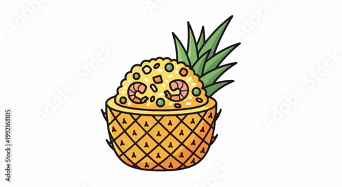 A stylized illustration depicts fried rice served in a hollowed-out pineapple, garnished with green leaves