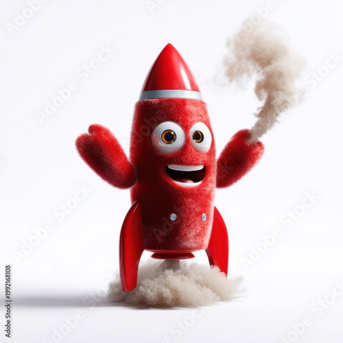 Fuzzy red rocket character taking off on white background