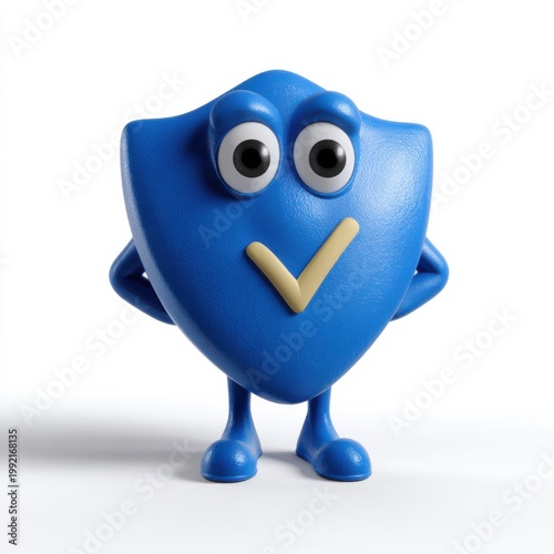 Blue shield character standing with hands on hips studio