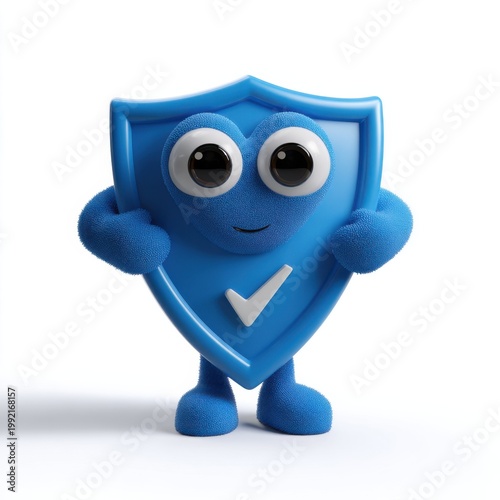 Blue shield mascot holding check mark on white background