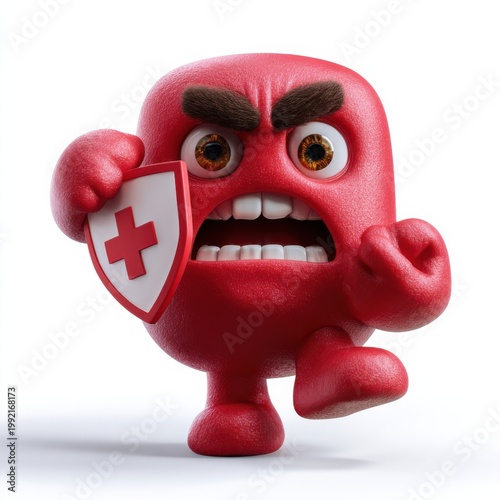Red angry character holding shield in studio setting with white backdrop
