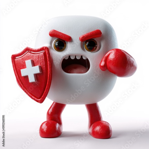 Rounded character holding shield and throwing punch in studio