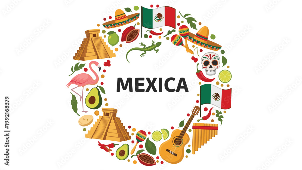 Fototapeta premium Circular wreath composition showcasing diverse Mexican cultural symbols, food, landmarks, and instruments with MEXICA text.