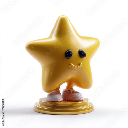 Smiling gold star character standing on pedestal white background