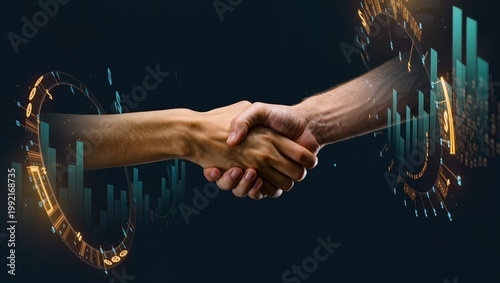 Futuristic Business Agreement Symbolized by Holographic Handshake Over a Dark Financial Data Background