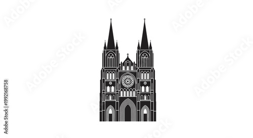 Detailed Gothic Cathedral Front Facade Architecture.