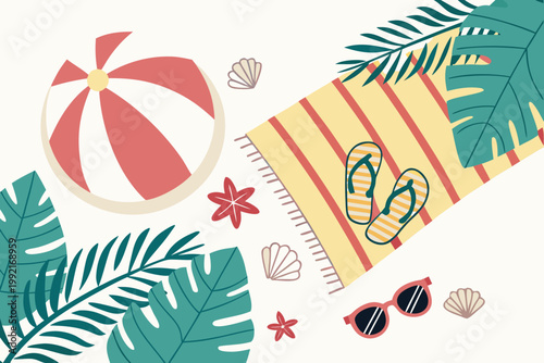 Flat vector illustration showing a striped beach towel with sandals sunglasses and a ball surrounded by tropical palm leaves