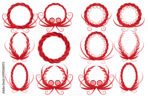 Set of decorative red vector frames and wreaths featuring elegant swirl designs for your creative graphic illustration design projects today