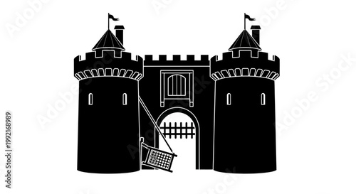 Black and white castle gate illustration.