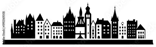 European Old Town City Skyline Silhouette, Medieval Cityscape Vector Illustration, Urban Architecture Panorama Background