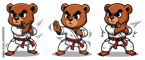 Karate Bear Mascot Vector Character Set, Angry Teddy Bear Martial Arts Illustration, Kung Fu Animal Dojo Fighter