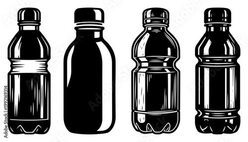 Plastic Water Bottle Vector Set, Beverage Packaging Silhouette Collection, Soda Drink Bottle Icon Illustration