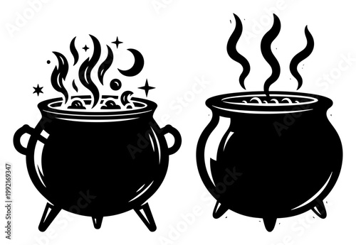 Witch Cauldron with Magic Potion Vector, Halloween Boiling Pot Illustration, Mystical Alchemy Brew Silhouette