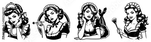 Retro Pin-up Maid and Beautician Set, Vintage Salon Girl and Housekeeper Illustrations, 1950s Service Woman