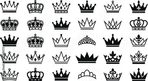 Crown icons set collection royal symbols king queen tiara monarchy outline silhouette vector isolated design elementsCrown icons set collection royal symbols king queen tiara 