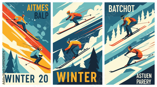 Vintage style winter sports posters featuring skiers on snowy mountain slopes