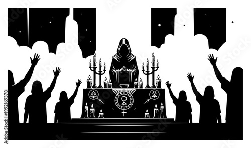 Occult Ritual and Mystical Gathering Illustration, Hooded Priest at Altar with Candles, Dark Magic Secret Society