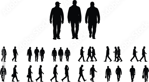 People silhouettes set, walking men collection, casual standing and movement poses, isolated black figures, lifestyle illustration design bundle