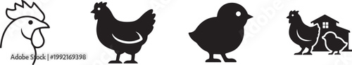 Chicken Icons Vector Set, Poultry Farm Bird Icon Pack.