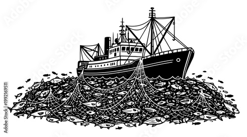 Industrial Fishing Trawler at Sea with Net Full of Fish, Commercial Seafood Harvest Illustration, Marine Vessel Ocean Voyage
