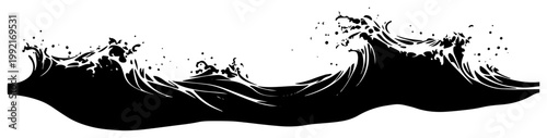 Stylized Ocean Sea Waves Silhouette Illustration, Decorative Tsunami Water Splash Panorama, Nautical Background