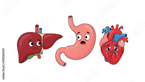 Humorous cartoon illustrations of human internal organs like the liver, stomach, and heart showing unhappy expressions.