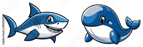 Cute Cartoon Shark and Whale Mascot Character Set, Baby Sea Animals Illustration, Kawaii Ocean Fish Vector