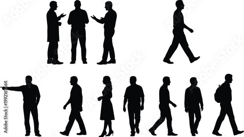 People silhouettes set, walking standing and talking poses collection, casual lifestyle activity figures, isolated black shapes, social illustration design bundle