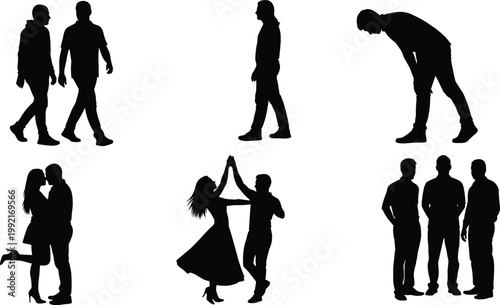 People silhouettes set, walking standing dancing and romantic couple poses, lifestyle activity collection, isolated black figures, social illustration design bundle