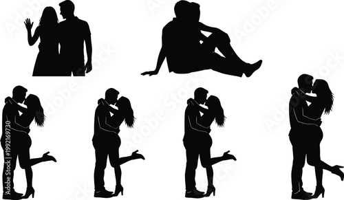 Romantic couple silhouettes set, love hugging kissing poses collection, intimate relationship moments, isolated black figures, romance lifestyle illustration design bundle