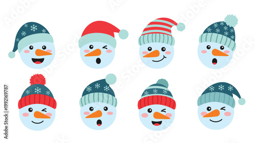 Set of eight snowman head icons with different facial expressions wearing various colorful and patterned winter hats.