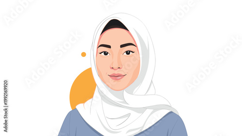 Beautiful portrait of a young woman wearing a traditional white hijab against a clean white and yellow circular background.