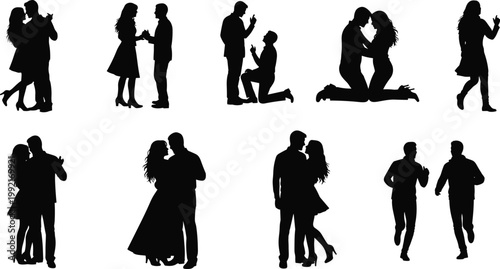 Romantic couple silhouettes set, love proposal dancing kissing poses, relationship moments collection, black isolated figures, romance lifestyle concept, affectionate illustration design bundle