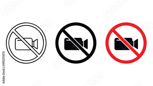 No video recording prohibited sign icon set - logo icons vector set. Blue, Black and white icons