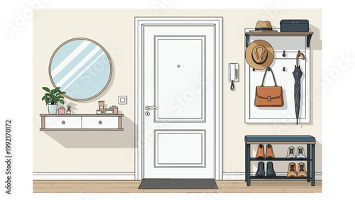 Modern hallway interior featuring a white front door, round mirror, coat rack, and an organized shoe storage bench.