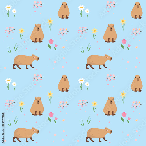 Capybara and spring pattern. Cute animal and flowers.