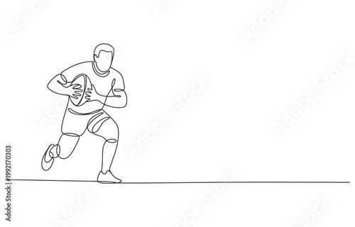 Rugby player running with ball in continuous line art style single line team sport illustration minimalist movement athleticism competition determination training recreation activity