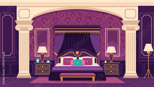 Luxurious purple bedroom interior featuring a grand canopy bed with gold accents, classical marble pillars, and elegant ambient lighting.