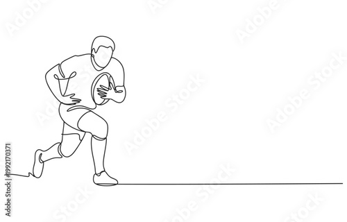 Rugby player running with ball in continuous line art style single line team sport illustration minimalist movement athleticism competition determination training recreation activity