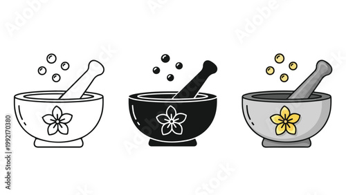 Mortar and pestle set with floral design icon - Editable line icons. Vector illustration - Glyph and solid icon set - Icon vector