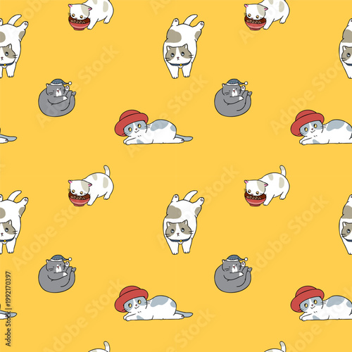 Seamless Pattern with Cute Cartoon Cat Design on Yellow Background. Hand Drawn Vector Illustration. 