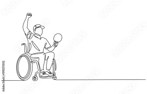 Athlete in wheelchair celebrating victory with ball in hand line art single line wheelchair celebration disabled handicap mobility inclusive competition recreation determination champion