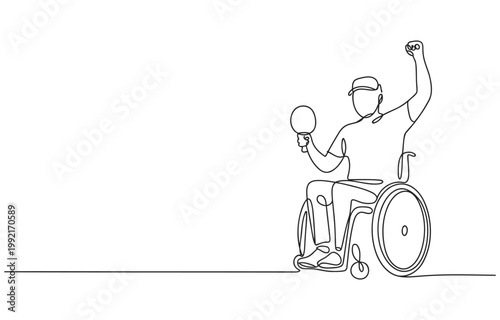 Athlete in wheelchair celebrating victory with ball in hand line art single line wheelchair celebration disabled handicap mobility inclusive competition recreation determination champion