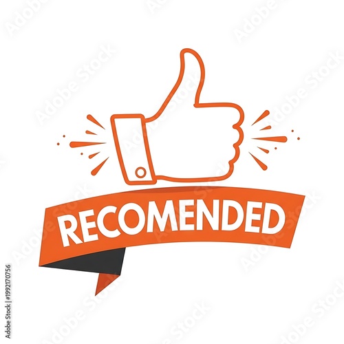 Orange thumbs up icon with recomended banner isolated on white background