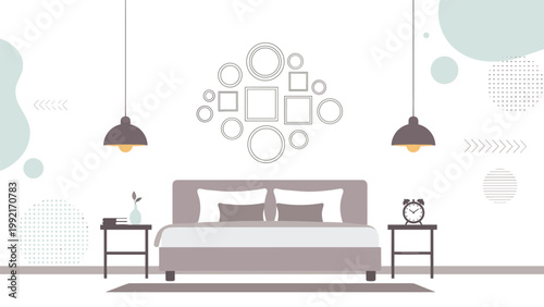 Minimalist bedroom interior design in soft gray tones featuring a bed, bedside tables with lamps, and decorative wall mirrors.